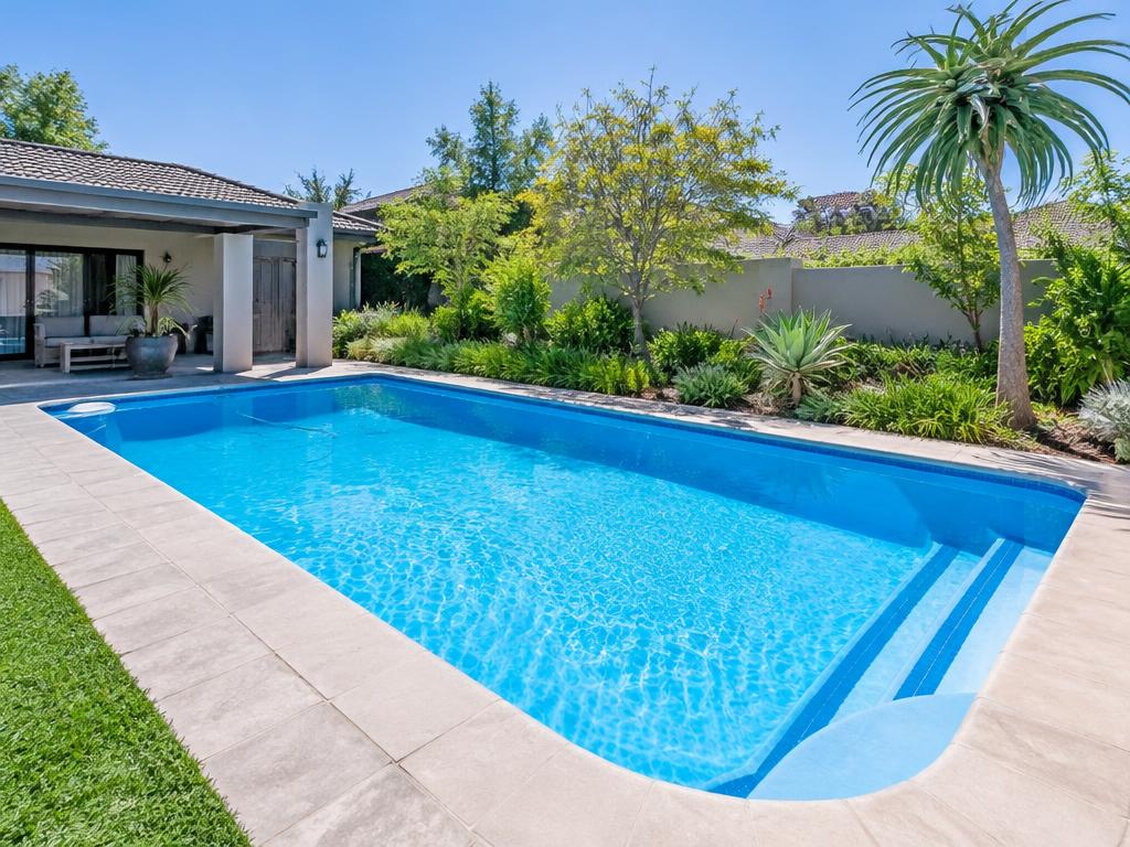 Renovated fibreglass-lined swimming pool with fresh coping in a Randpark Ridge garden