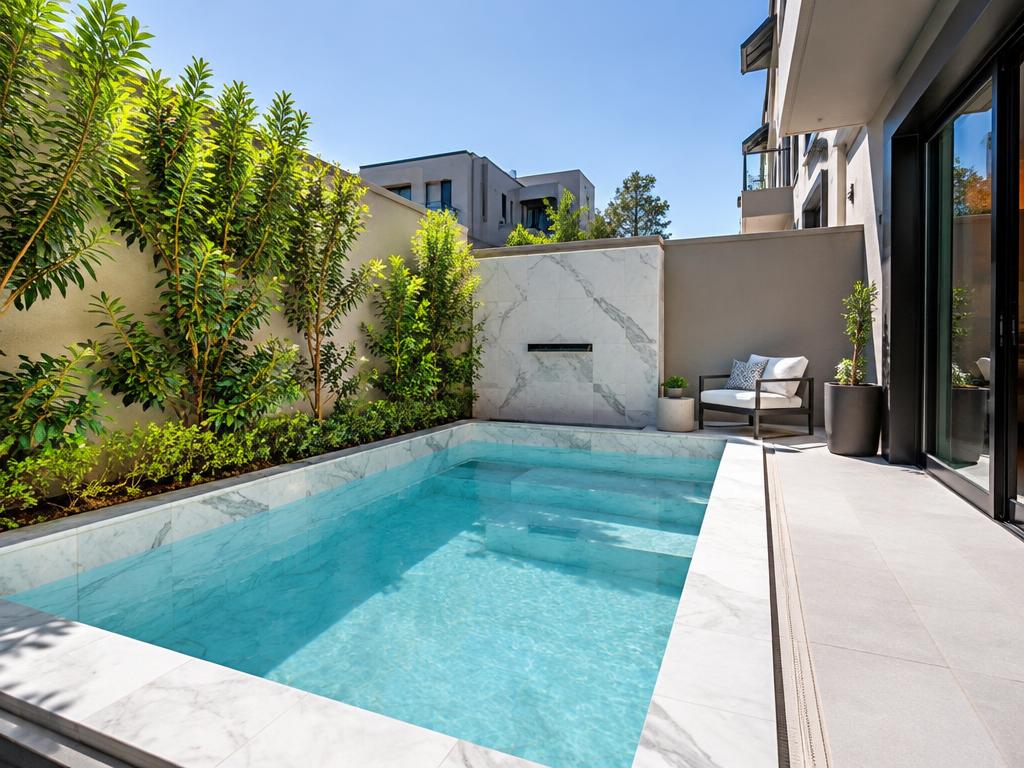 Compact marble-lined plunge pool in a townhouse courtyard in Ferndale